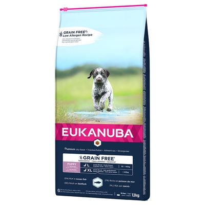 Eukanuba Premium dry food for puppies, grain free, rich in sea fish, suitable for large and very large breeds, weight classes: 25-40kg and over 40kg, pack size 3kg.