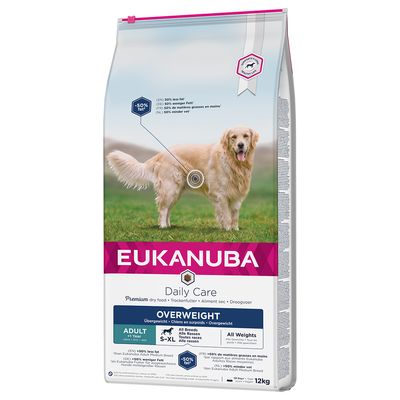 Eukanuba Daily Care dry food for overweight adult pets, 50% less fat, suitable for all breeds and weights, 12kg bag. Premium formula highlighted on packaging.
